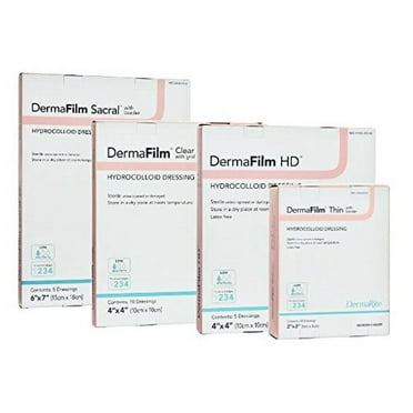 DermaFilm Thin Hydrocolloid Dressing 4 x 4" Square Thin with Border Film Backing 00259E 10 per Box