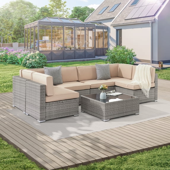 ACEGOSES Patio Furniture Set,7-Piece Outdoor Rattan Sectional Sofa Sets,PE Wicker for Patio,Deck and Yard,Gray&Sand