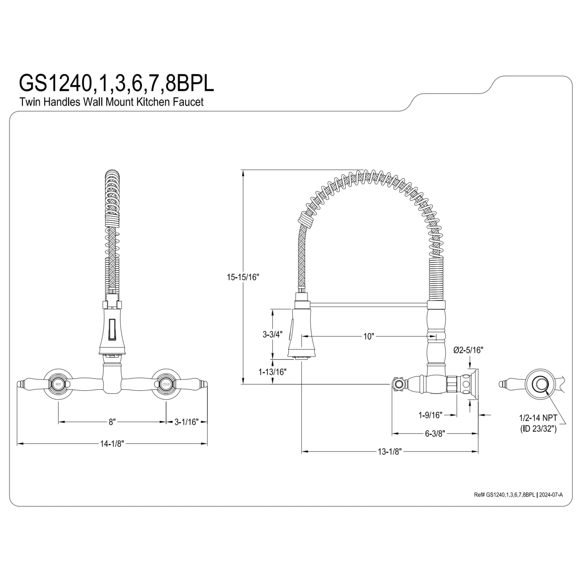 Kingston Brass GS1243BPL Bel-Air Double-Handle 2-Hole Wall-Mount Pre-Rinse Bridge Kitchen Faucet in Antique Brass