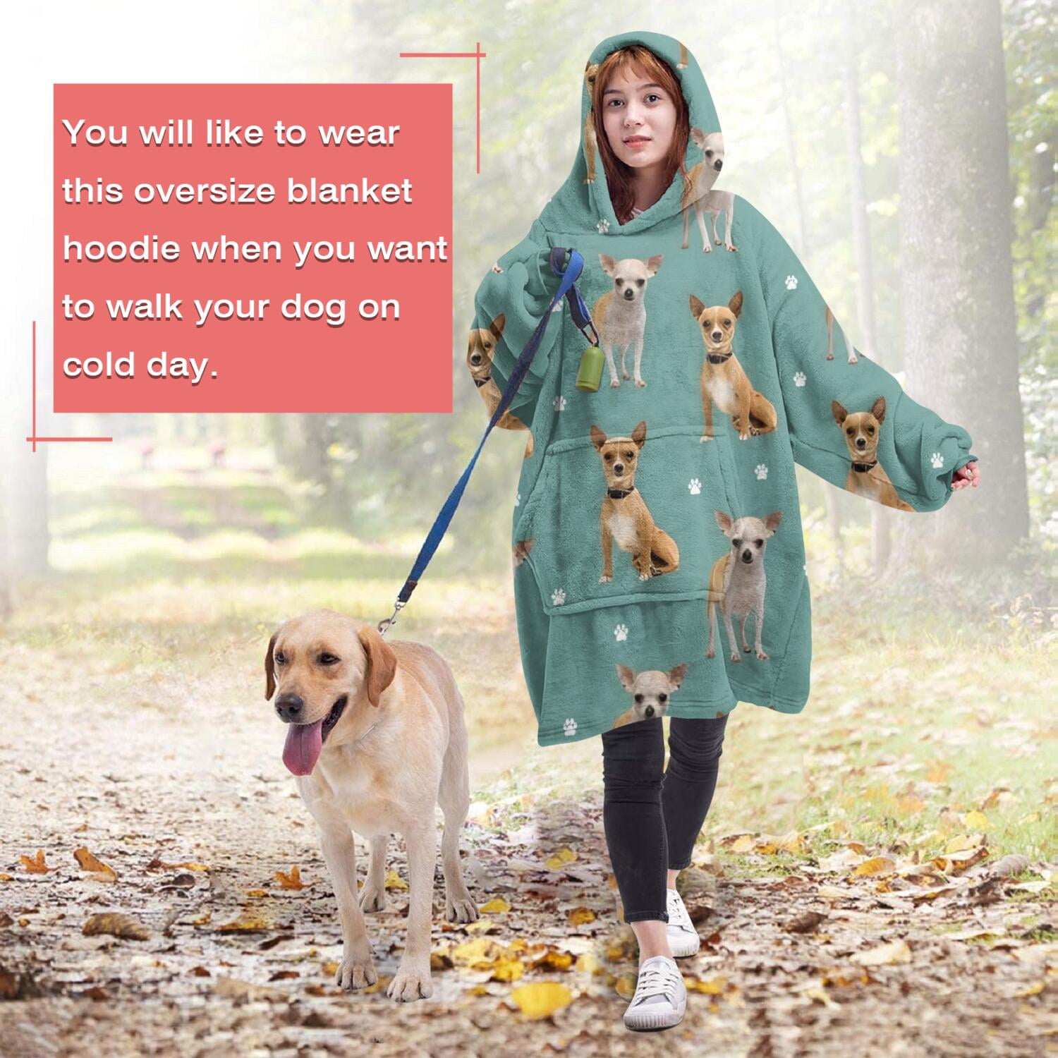 Chihuahua and Footprints Wearable Oversized Blanket,Wearable Blanket Hoodie for Adults,Cozy Hooded Blankets with Super Pockets,Super Warm Fuzzy Pullover for Women & Men