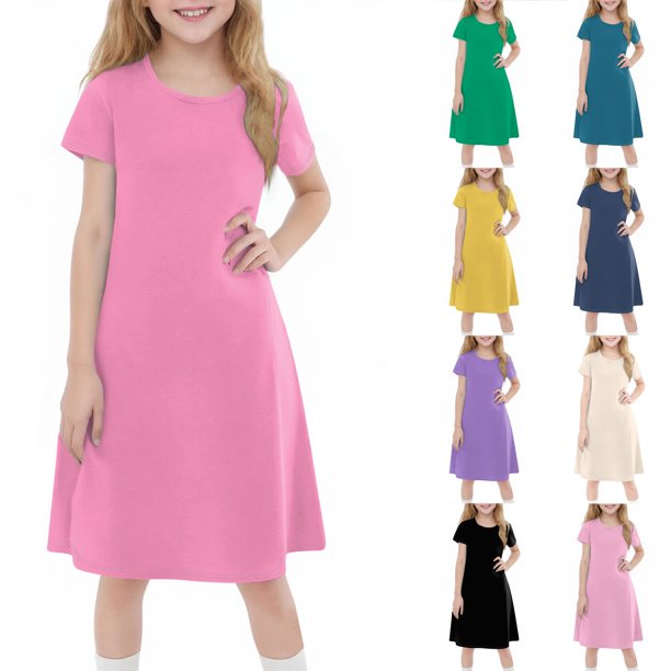 Girls' Summer Dress Kids 2025 Pink Short Sleeve Casual Dress Perfect for Everyday Wear and Special Occasions ,Sie:140