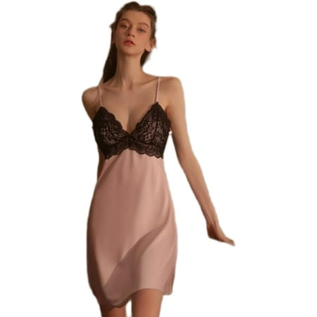 QIUYI Satin Lingerie for Women Lace Chemises Nightgown Sexy Sleepwear Silk Nightdress Nightwear Babydoll Teddy Dress