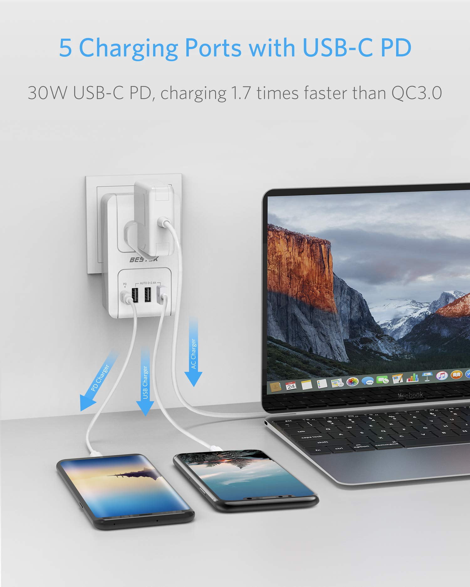 BESTEK International Travel Adapter, 3000W Travel Wall Charger with 4 Usb Ports (1 PD 35W) and 5 Worldwide Wall Plugs for Hair Dryer, Curling Iron (US, UK, AU, EU and Asia)