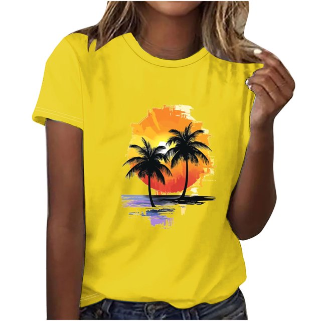 Tops de Manga Corta de Algodón para Mujeres, Moda Impresa Cuello Redondo Blusa Casual para el Hogar Y el Uso Diario
