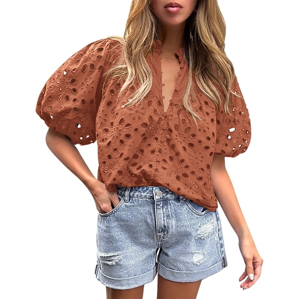 Blusa de Verano para Mujer PRETTYGARDEN con Escote en V y Encaje Talla M