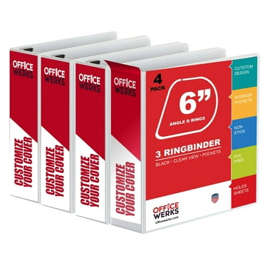 6-in White, 4-Pack, Heavy Duty Slant D-Rings,1100  Sheet Capacity, Binder Locking, 3 Ring Binder, Clear View, Pockets (6.5 Inch Spine)