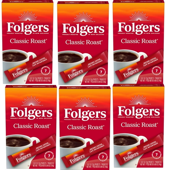 Folgers Classic Roast Instant Coffee Crystals, 7 Single Serve Packets (6 Boxes, 42 Sachet Total) 100% Pure Coffee Medium Roast Convenient On the Go Coffee Powder & CUSTOM Storage Carrier