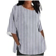 thumbnail image 2 of ALLLIST Blue Summer Tops for Women Crew Neck 3/4 Sleeve Striped Cotton and Linen Casual T-Shirts Loose Women Blouses, 2 of 4