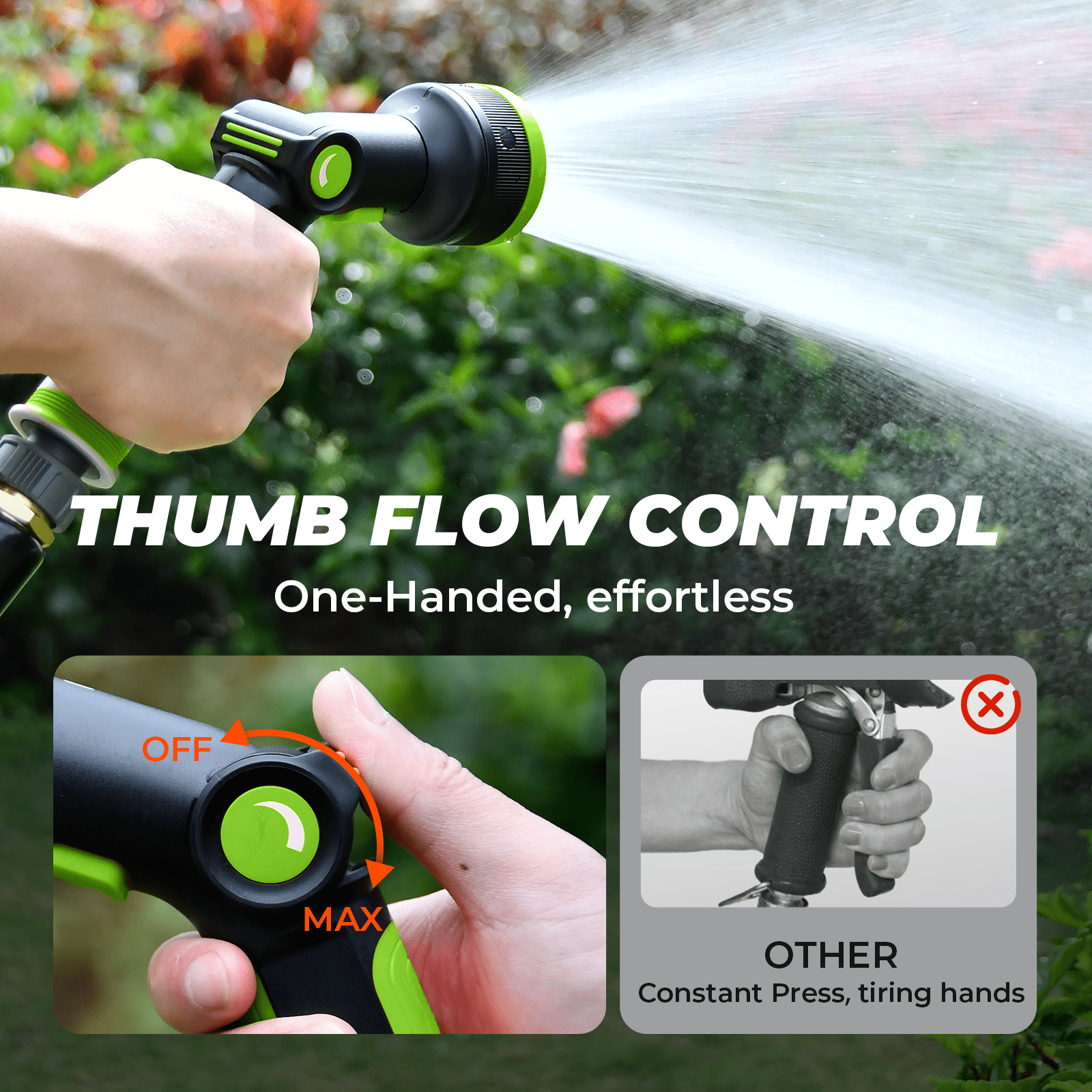 RainPoint Garden Hose Nozzle Thumb Control, 2 Detachable Nozzle 3 & 8-Spray Patterns Water Hose Sprayer for Plants, Flowerbeds Watering