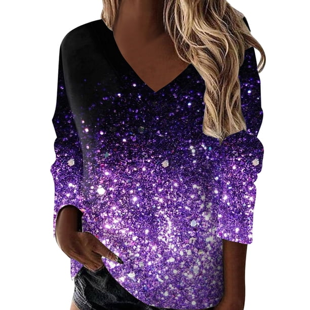 Gibobby Blusas Manga Larga Para Mujer Camiseta de manga larga con cuello en V y estampado a la moda para mujer(Morado, M)