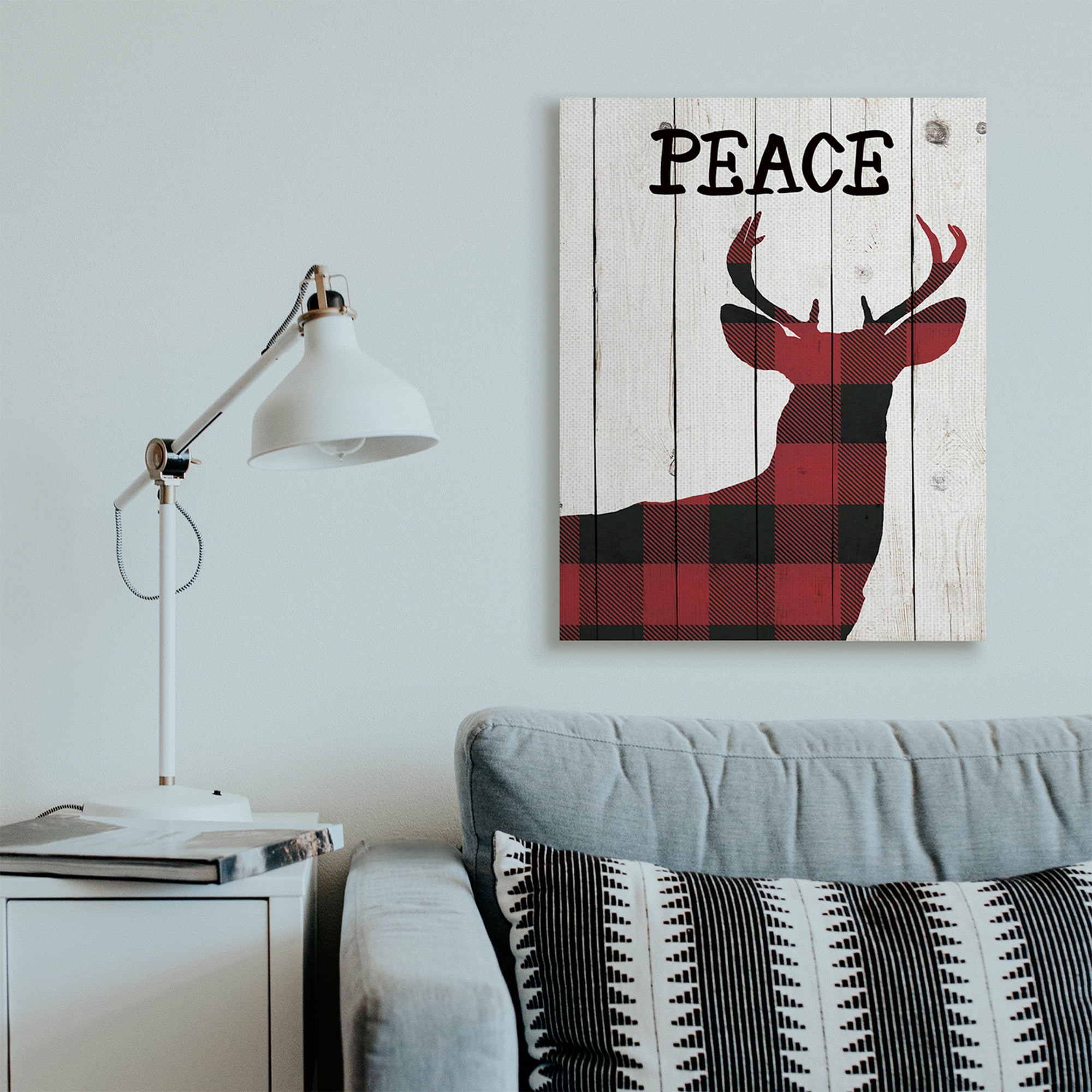 Stupell Industries Checker Plaid Reindeer Rustic Peace Text Holiday Painting Gallery Wrapped Canvas Art Print Wall Art, 30 x 40