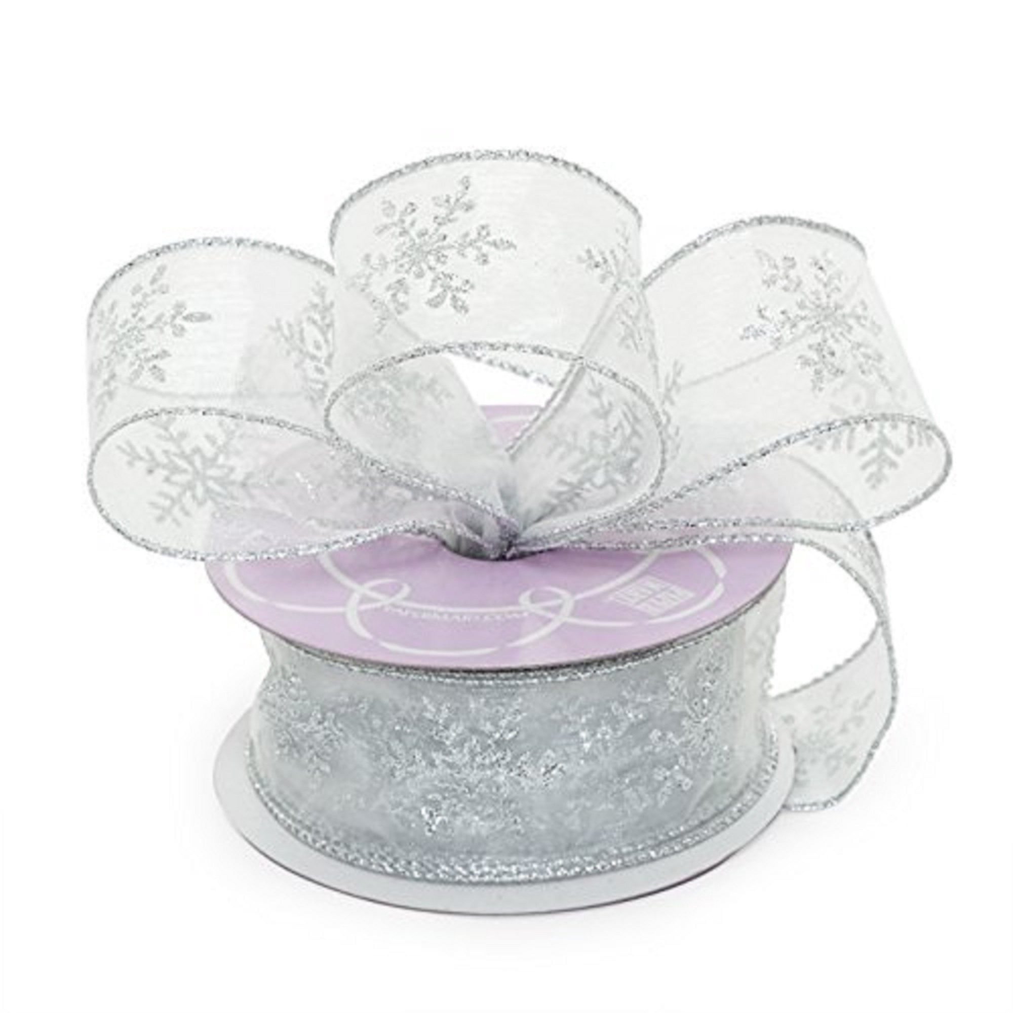 White And Silver Glitter Snowflakes Sheer Organza Wired Ribbon - 1 1/2 ...