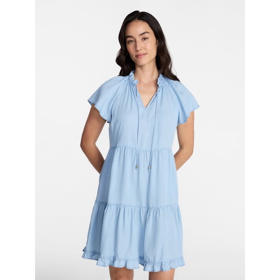 Time and Tru Women's Tiered Mini Dress with Flutter Sleeves, Sizes XS-XXXL