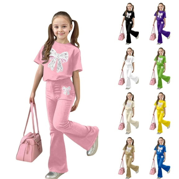 LRen Girls Outfits, Girl's 2 Piece Outfit Cute Mini Bowknot Print Valentine's Day Short Sleeve T Shirt with Flare Leg Pants Set Preppy Back To School Bow Clothes,Beige,12-13 Years