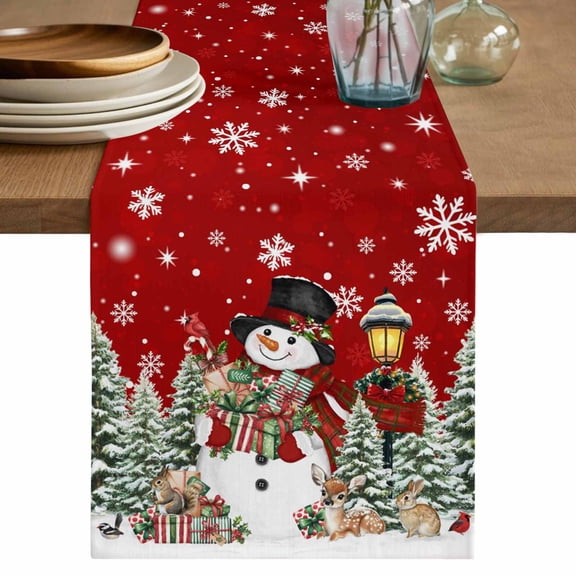 Red Christmas Table Runner 72 Inches, Snowman Xmas Snowflake Botanical Tree Bed Runner Dresser Scarves Tabletop for Indoor Outdoor Parties/Ceremony/Banquet, 13" x 72"