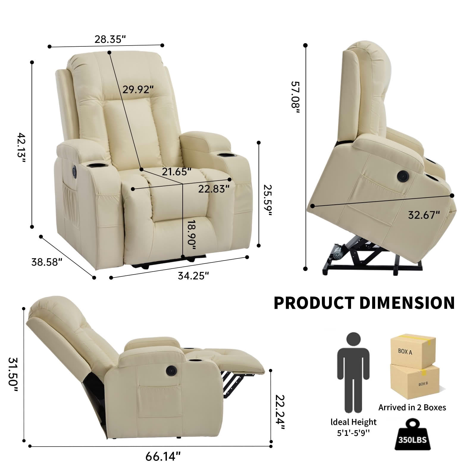 MAYEERTY Heavy Duty Brown Chenille Power Lift Recliner, 350lbs Massage Heat USB-C Cup Holders for Elderly 35"x29"x43"