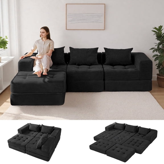 BYBYME Modular Sectional Sofa,Foldable Upholstered L Shaped Boneless Couches,Tufted 4-Seat Cloud Couch with Deep Seat,No Assembly Required,Black