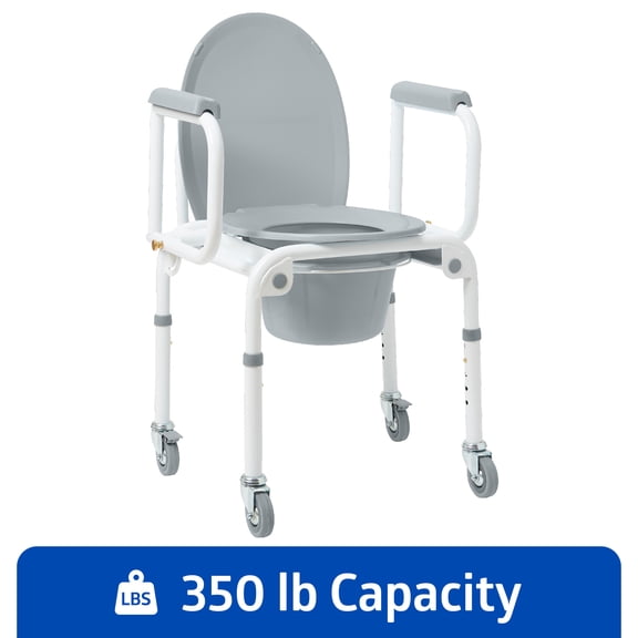 Medline Bedside Commode with Drop Arm, Portable Toilet, Sturdy, 350 lb Weight Capacity, Steel, Gray, Wheels