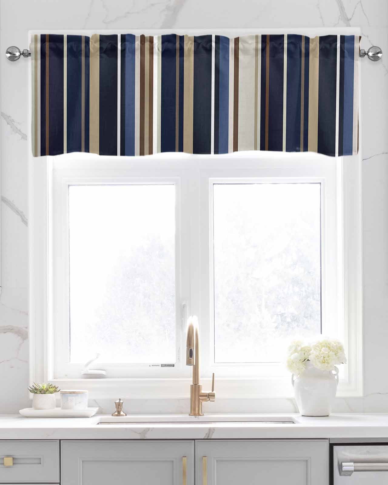 Faux Linen Valances for Windows Blue Brown Stripes Curtains Valance Light Filtering Rod Pocket Small Window Treatment for Kitchen Living Room Bedroom 54x18In