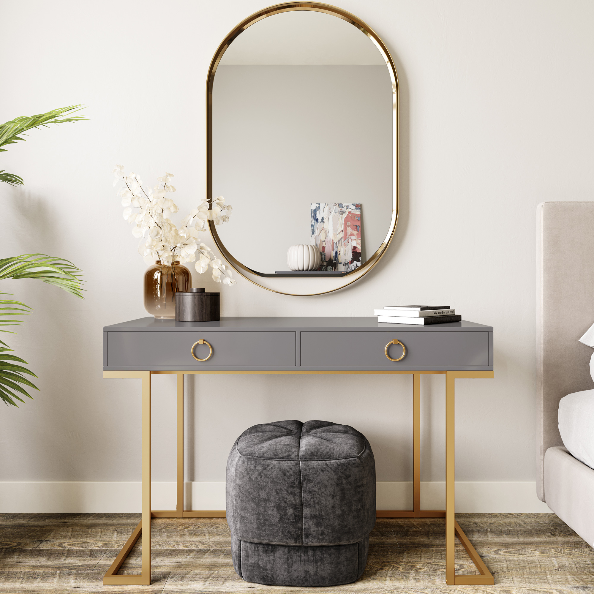 BELLEZE Home Office TwoDrawers Computer Desk Vanity Table, Wood And Metal, Gray and Gold