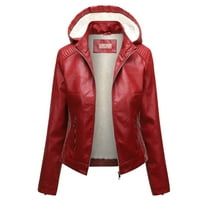 WCMZJ Women's PU Leather Hooded Jackets Plus Size Winter Coats Sherpa Lined Motocycle Biker Jacket Outerwear Red L