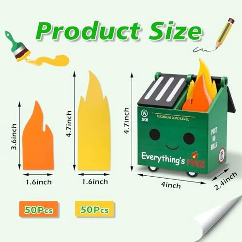 Dumpster Fire Pencil Holder with 100 Pcs Flame Note Cards, Funny Office Desk Accessories Decor, Great Gifts for Coworkers Teacher - Green (Already Assembled)