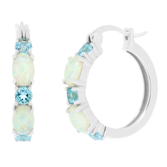 Created Opal and White Topaz Hoop Earrings in 925 Sterling Silver - Hinged Back