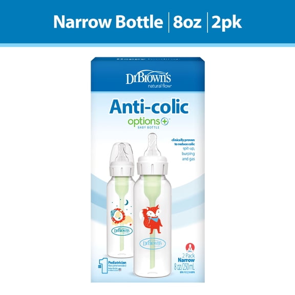 Dr. Brown's Natural Flow Anti-Colic Options+ Narrow Baby Bottle, Fox & Lion, 8 oz/250 mL, with Level 1 Slow Flow Nipple, BPA Free, 0m+, 2-Pack