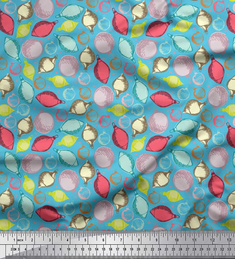 Soimoi Blue Rayon Crepe Fabric Dot & Ornaments Christmas Decor Fabric Printed Yard 46 Inch Wide