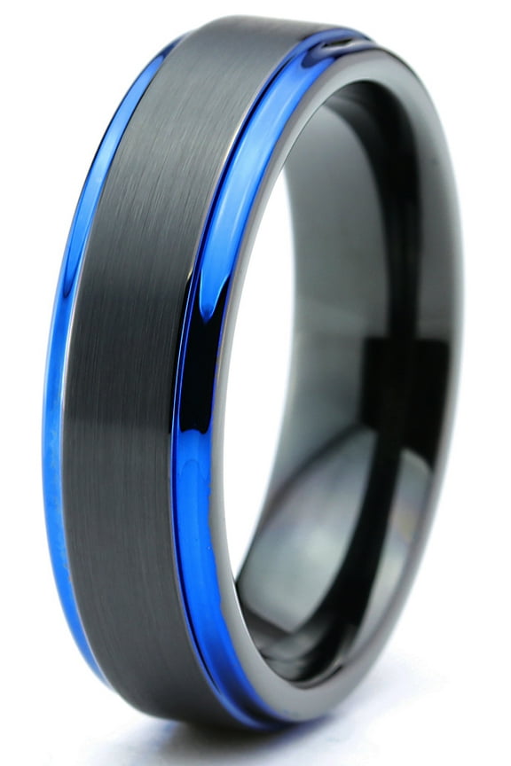 Tungsten Wedding Band Ring 6mm for Men Women Black Blue Center Line Stepped Edge Brushed Lifetime Guarantee Size 6