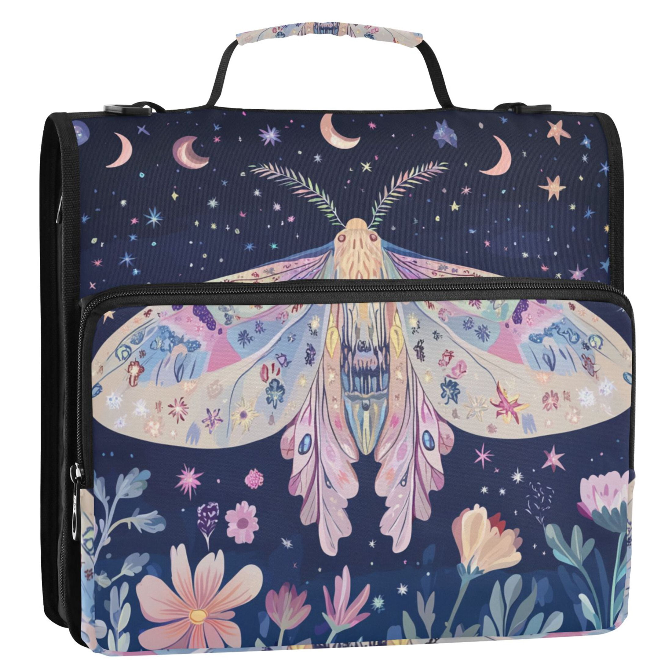 3 Ring Zipper Binder with Shoulder Strap Waterproof Trapper Keeper 2 Inch D-Ring 500 Sheets Capacity Moth Moon Flower