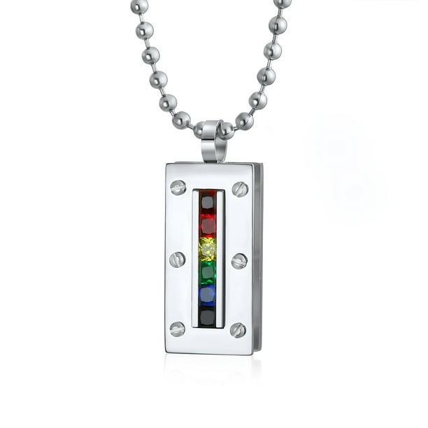 Personalized Engrave Unisex Colorful Gay Pride CZ Rainbow  Rectangular Dog Tag Pendant Necklace Men Women Silver Tone Stainless Steel