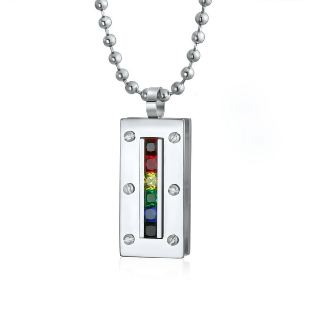 Personalized Engrave Unisex Colorful Gay Pride CZ Rainbow  Rectangular Dog Tag Pendant Necklace Men Women Silver Tone Stainless Steel