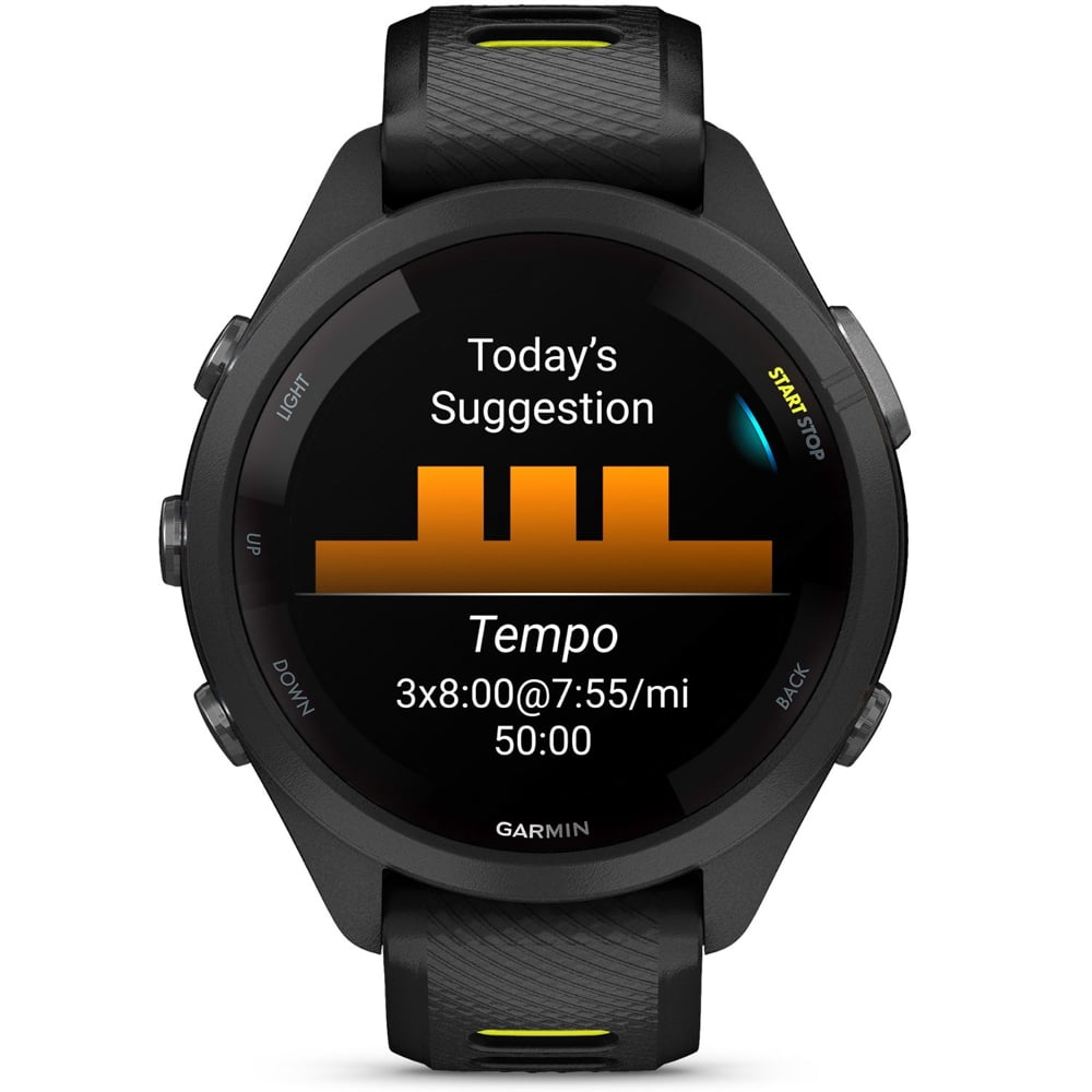 Garmin 010-02810-03 Forerunner 265S GPS Smartwatch, Black/Amp Yellow Bundle with Workout Cooling Sport Towel + Deco Essentials Wearable Commuter Front & Rear Safety Light