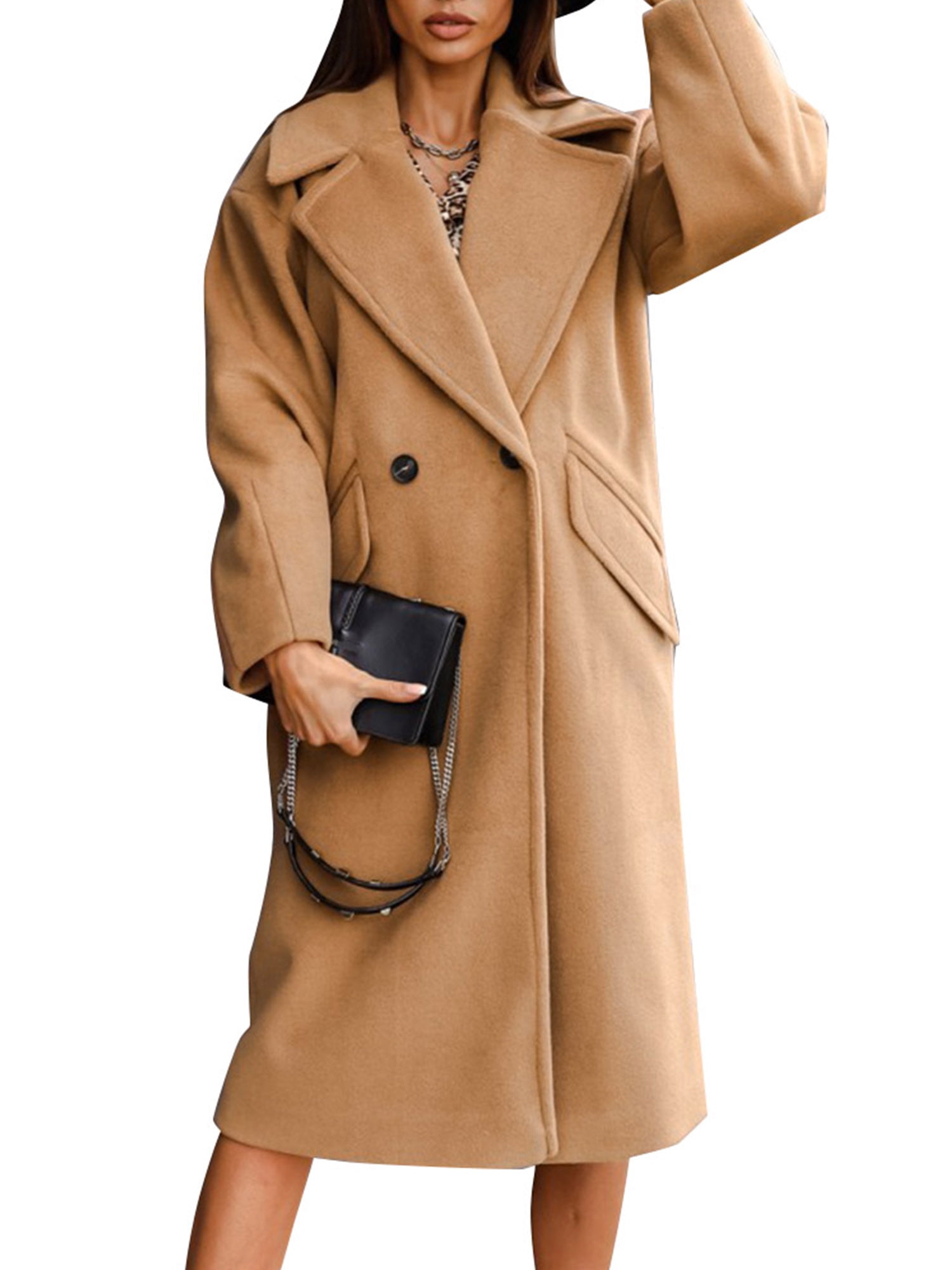Women Winter Warm Woolen Lapel Long Coat Blazer Suit Trench Parka Jacket Outwear