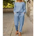 thumbnail image 4 of Women's Spring Autumn 2 Piece  Neck Casual Long Sleeve Drawstring Waist Wide Leg Pant Suits With Pockets, 4 of 4