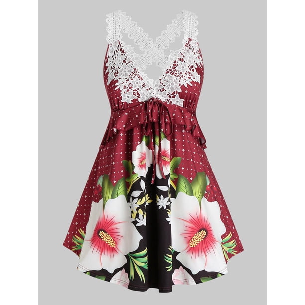 Más el tamaño de los encajes de ganchillo de la impresión floral del entrecruzamiento Tank Top Rosegal Camisetas sin mangas de talla grande