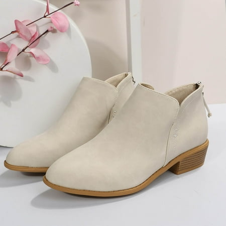 XDDST Large Size Woman Shoes Casual Flat Women s Fashion Color Matching Autumn and Winter Women s Boots with Side Zipper Short Boots White