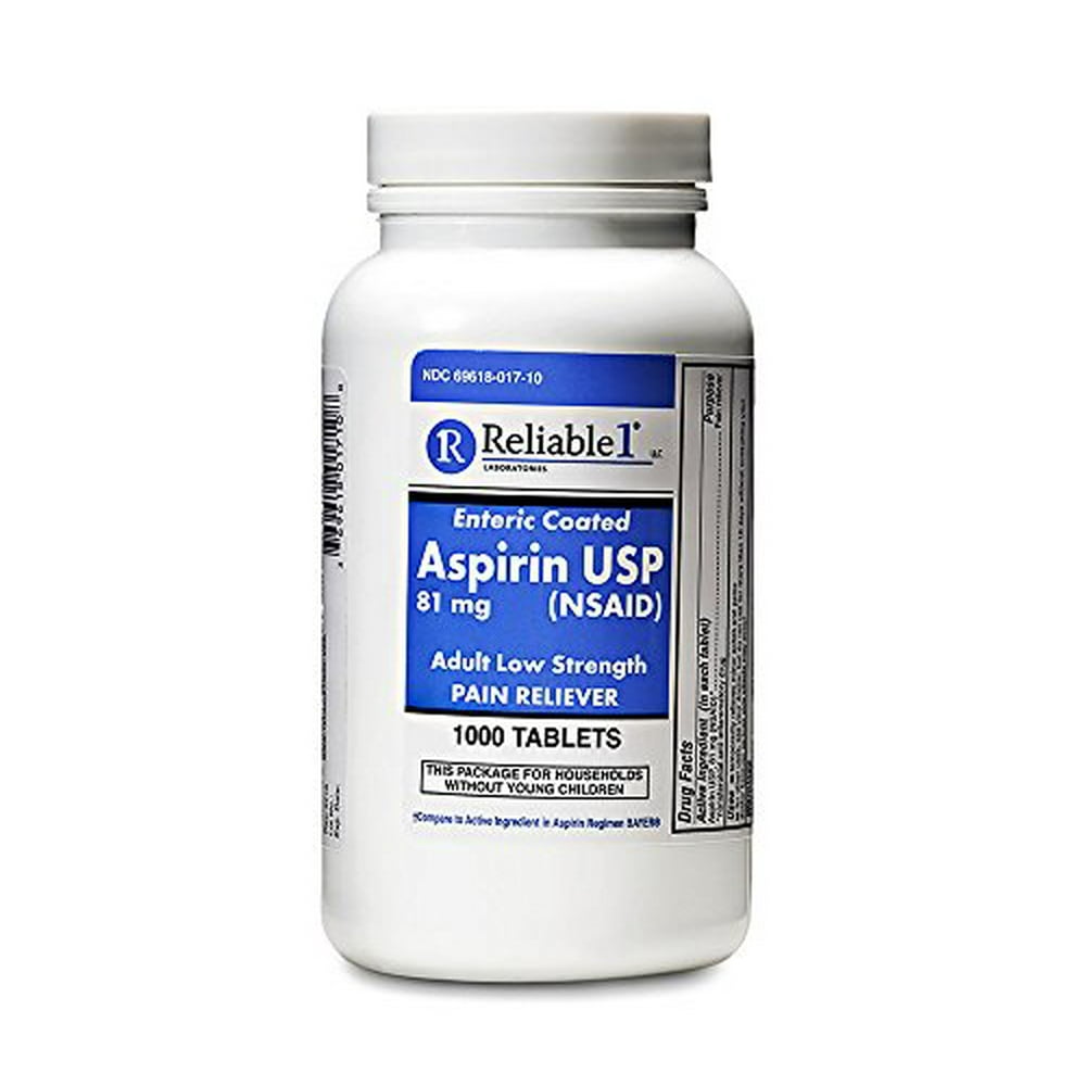 2 Pack Reliable 1 Aspirin USP 81 mg (NSAID) 1000 Enteric Coated Tablets Each