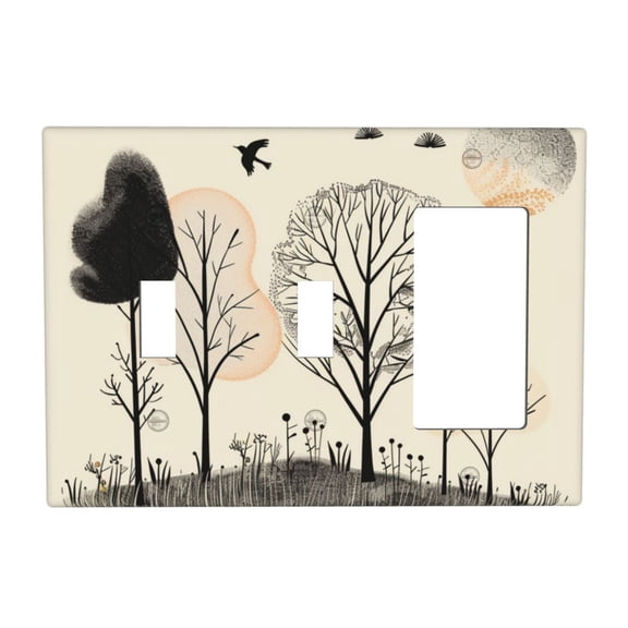 Hand Drawn Forest Switch Cover Decorative Wall Plate 3-Gang 2-Toggle 1-Decor Standard Size