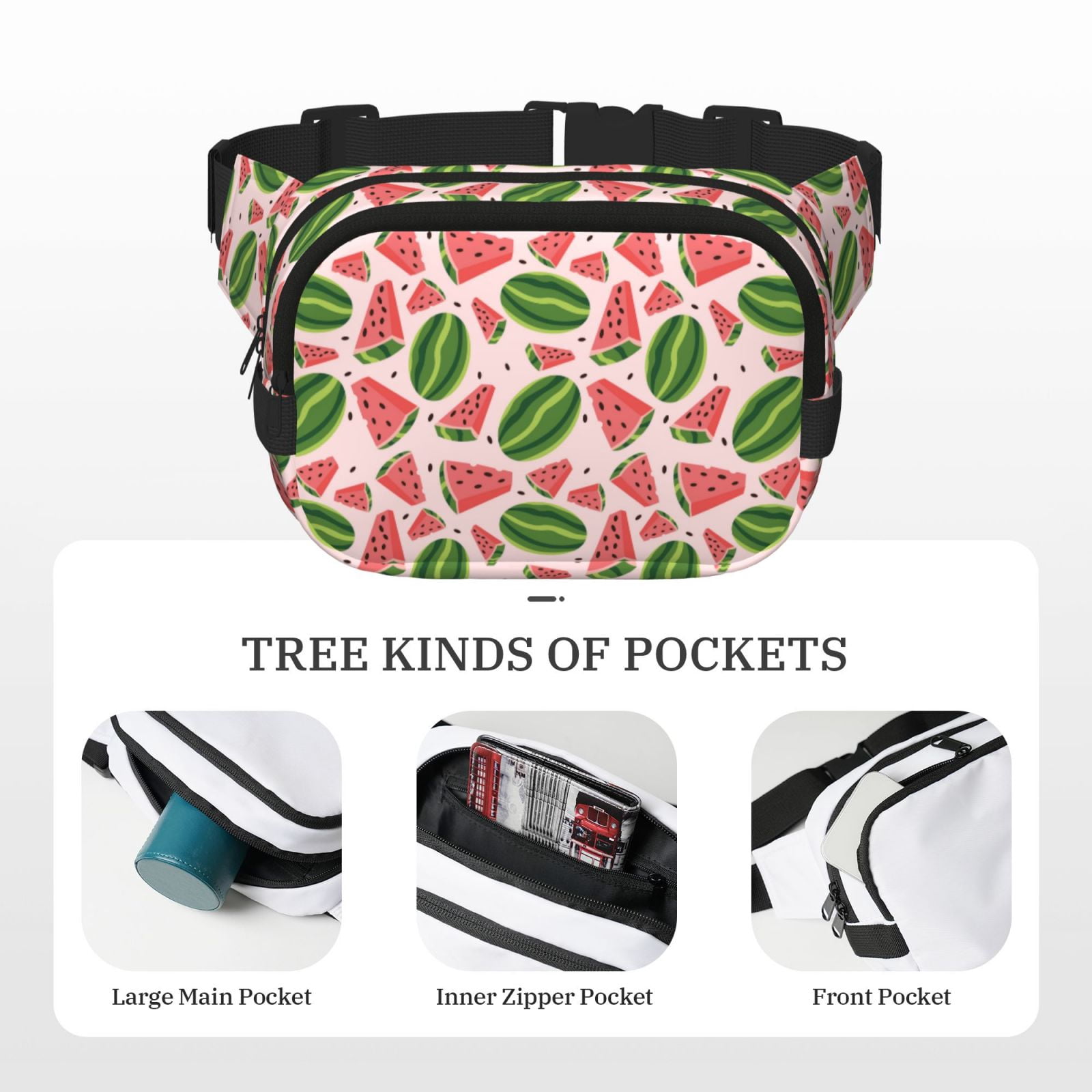 Picia Watermelon Print Square Double-Layer Waist Bag Mini Adjustable Waist Belt Bag Exercise Running Travel Hiking