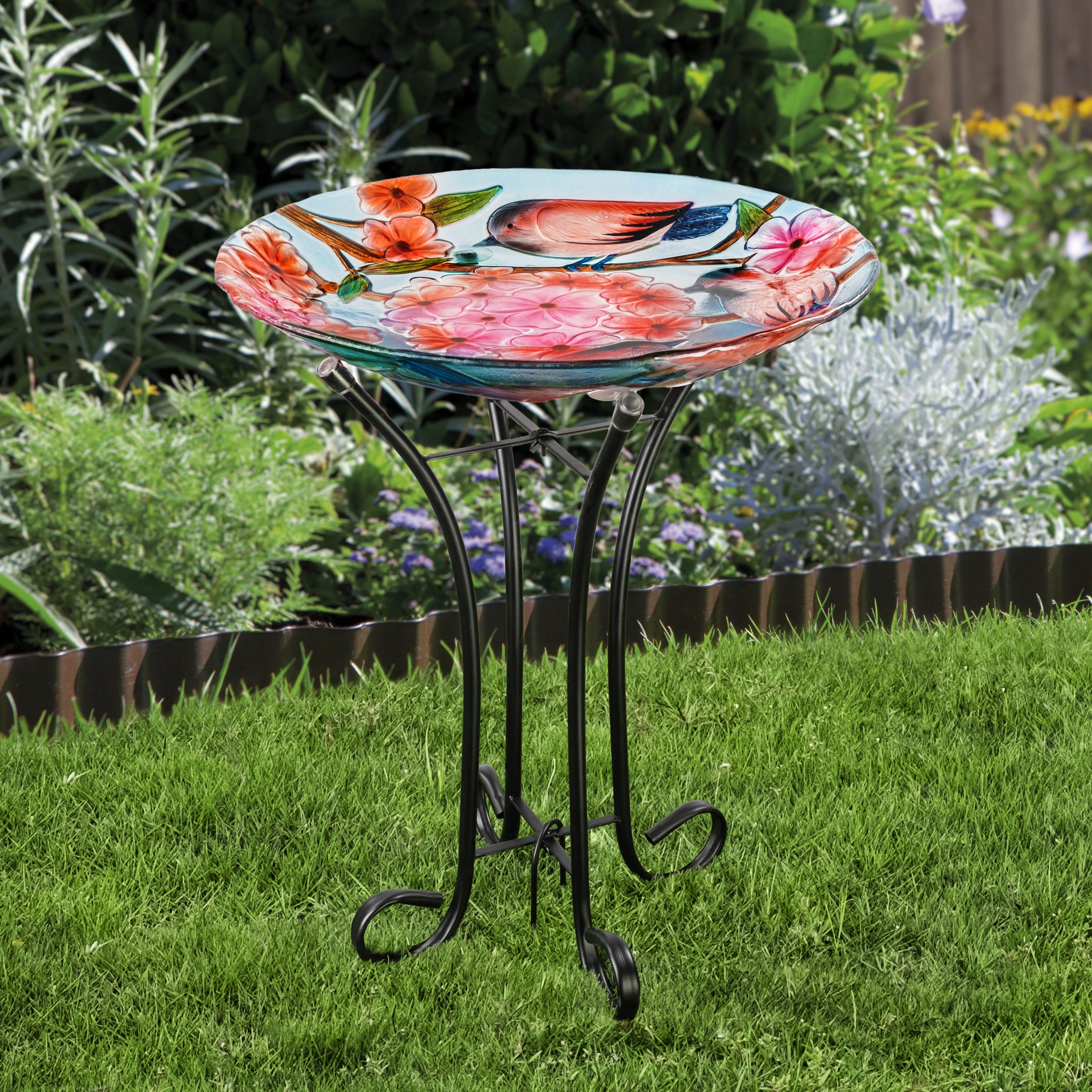 Teamson Home 17.8" Fusion Glass Bird Design Birdbath with Metal Stand, Multi