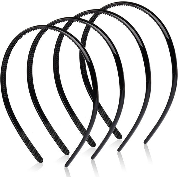 4 pcs Plastic Headband, Black Headbands Thin Teeth Skinny Hairbands, Soft Non Slip Outdoor Sports Hair Bands for Mens Women's Girls (8mm Wide)