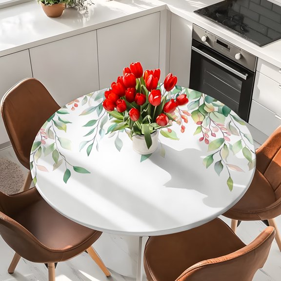 Spring Plants Elastic Fitted Round Tablecloth Green Pink Leaf Waterproof Outdoor Table Cover for Holiday Party, Picnic, Patio & Dining Fits Tables Up to 36"-44"