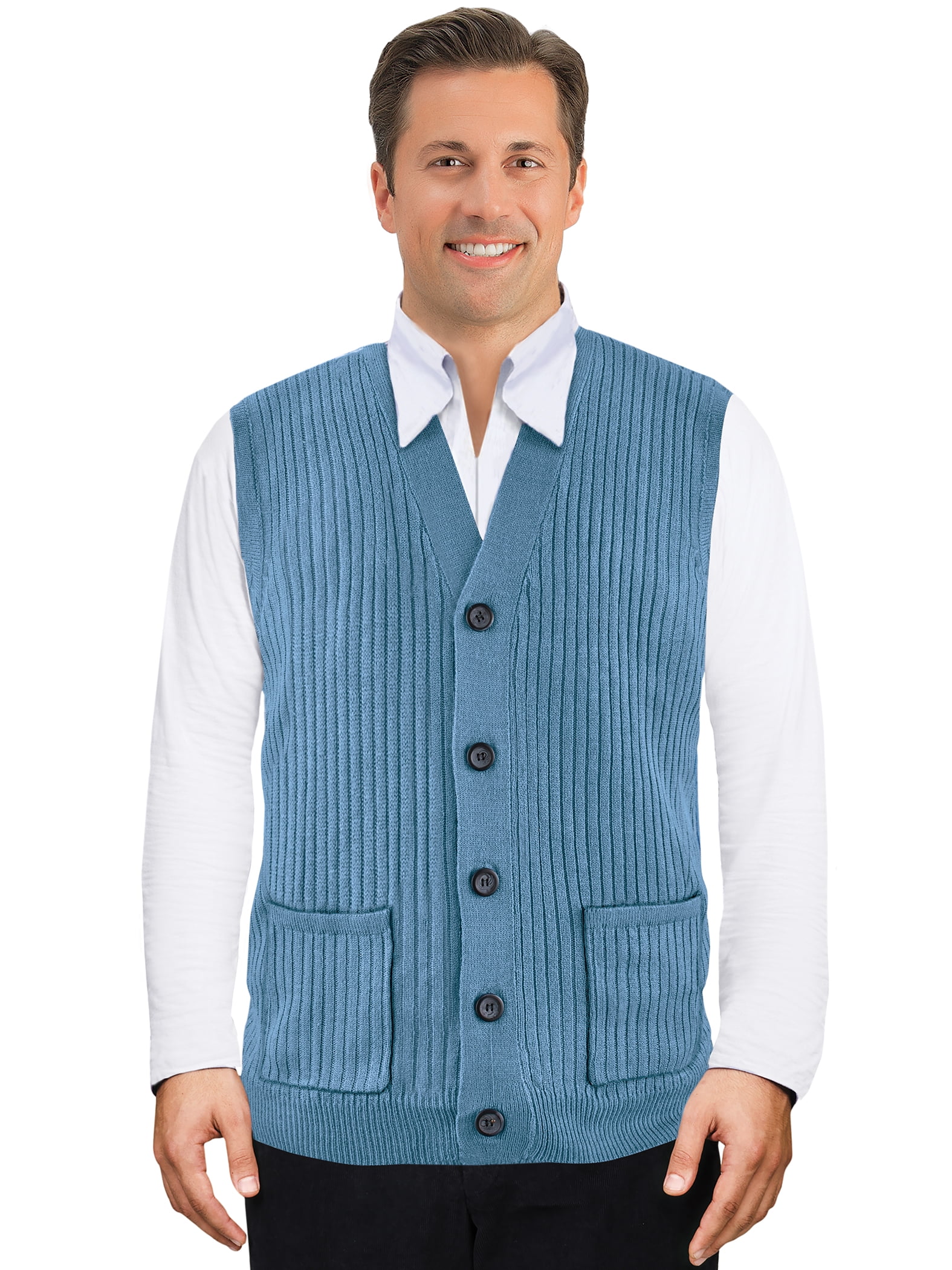 Collections Etc Men's Rib Knit Button Front Sweater Vest Machine Wash