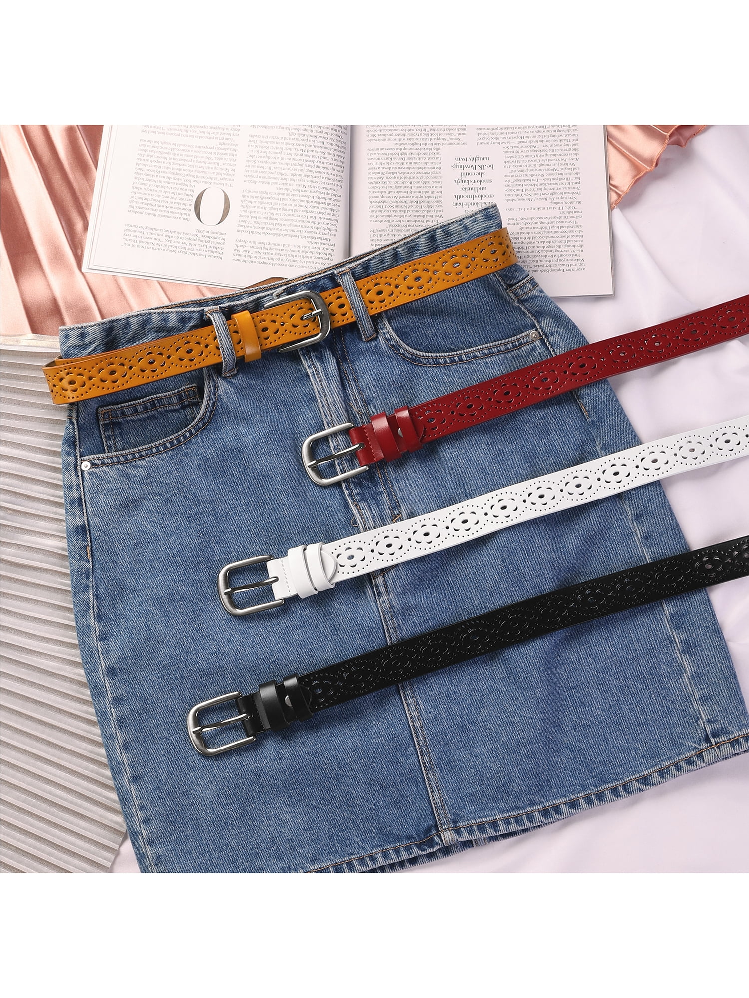 Unique Bargains Women's Vintage Hollow Floral Faux Leather PU Belt with Buckle