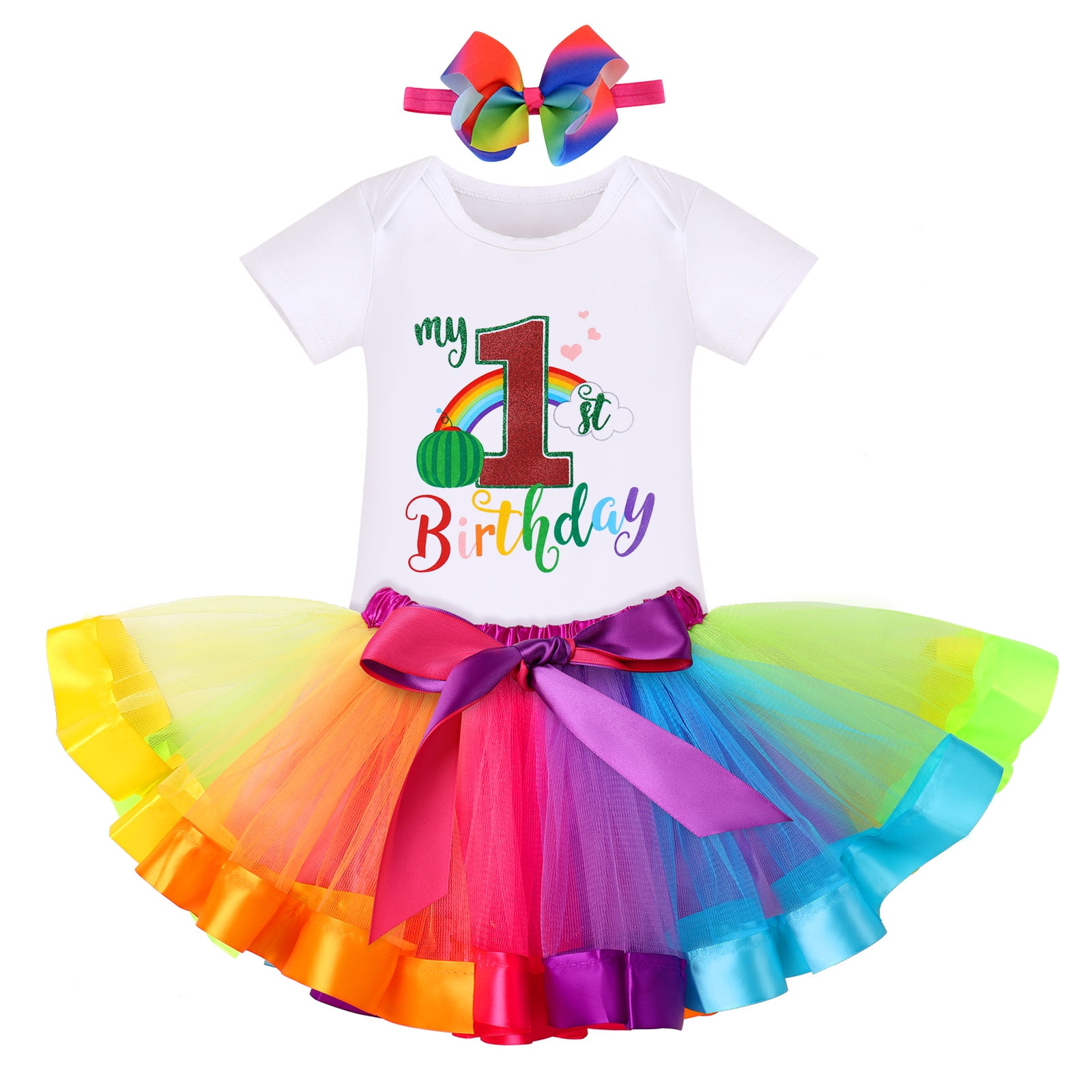 IBTOM CASTLE Baby Girls Watermelon 1st Birthday Outfit Cake Smash Romper Rainbow Tutu Skirt Headband Summer Clothes for Photo Shoot