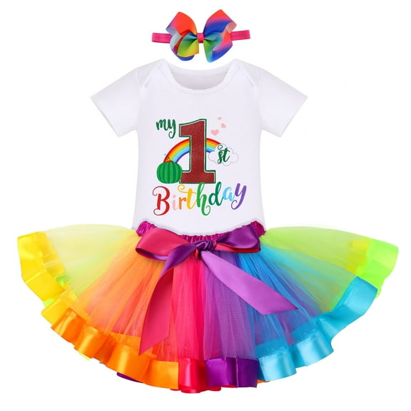 IBTOM CASTLE Baby Girls Watermelon 1st Birthday Outfit Cake Smash Romper Rainbow Tutu Skirt Headband Summer Clothes for Photo Shoot