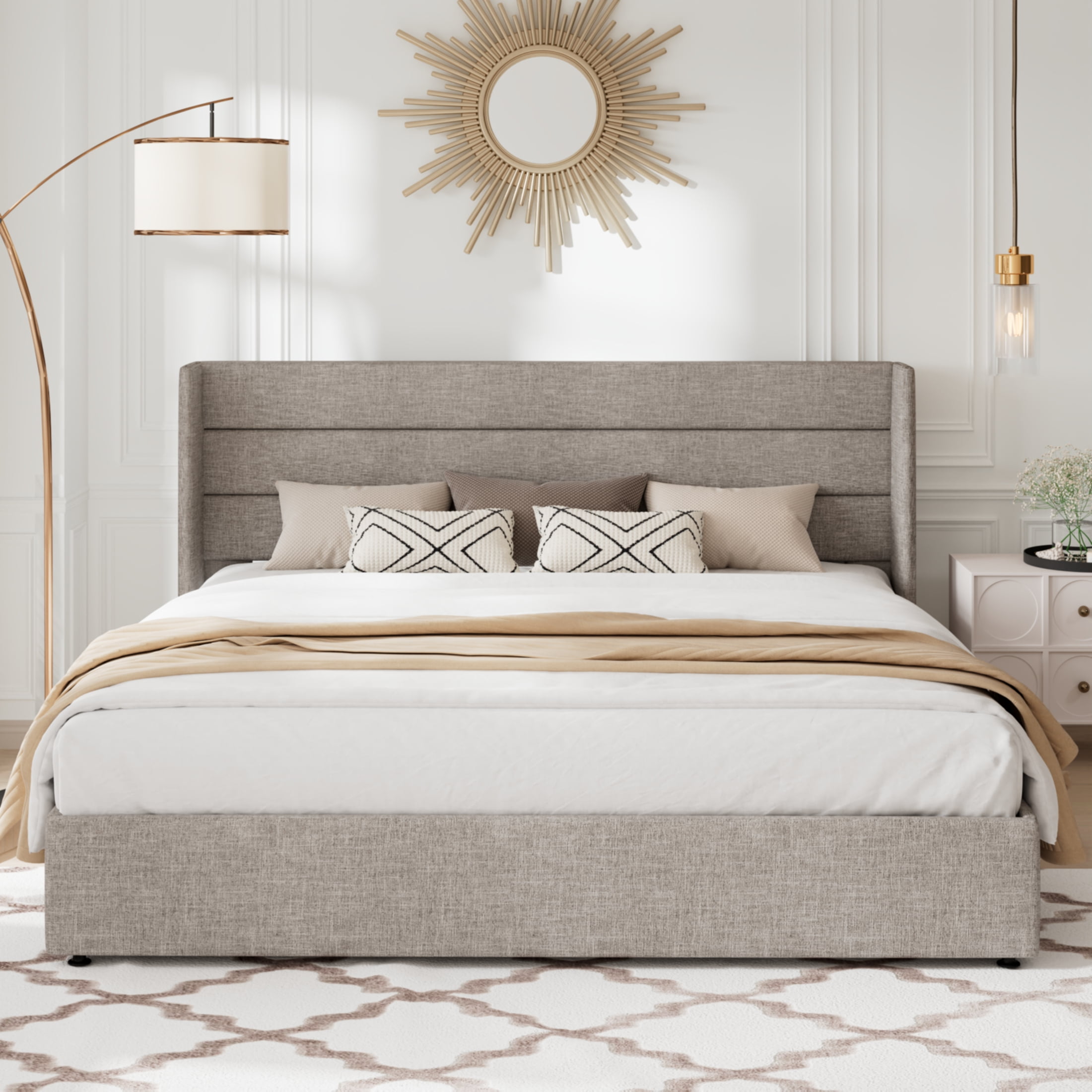 Allewie King Size Lift Up Platform Storage Bed Frame with Channel Wingback Headboard, Light Beige