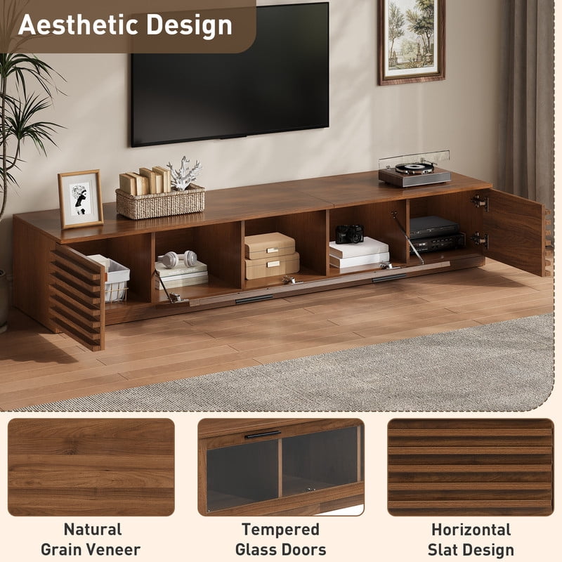 Modern TV Stand for TVs up to 80", Entertainment Center with Cable Holes, Media Console Table with Flap Glass Door & LED Light